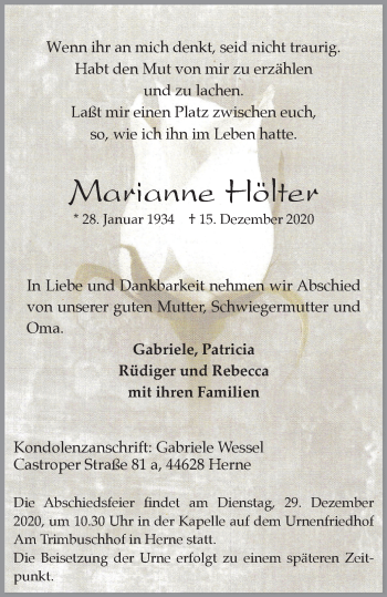 Traueranzeige von Marianne Hölter von WVW Anzeigenblätter