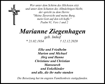 Traueranzeige von Marianne Ziegenhagen von WVW Anzeigenblätter