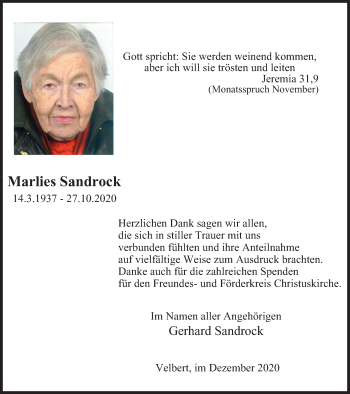 Traueranzeige von Marlies Sandrock von WVW Anzeigenblätter