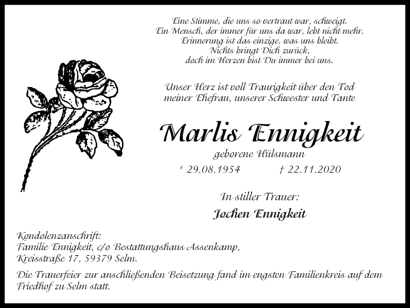  Traueranzeige für Marlis Ennigkeit vom 05.12.2020 aus WVW Anzeigenblätter