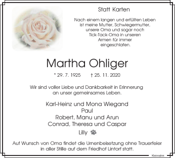 Traueranzeige von Martha Ohliger von WVW Anzeigenblätter
