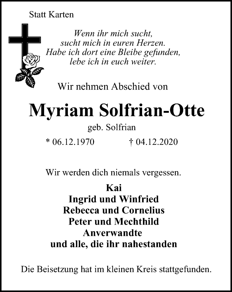  Traueranzeige für Myriam Solfrian-Otte vom 16.12.2020 aus WVW Anzeigenblätter