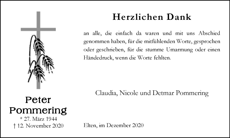  Traueranzeige für Peter Pommering vom 19.12.2020 aus WVW Anzeigenblätter