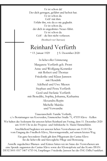 Traueranzeige von Reinhard Verfürth von WVW Anzeigenblätter