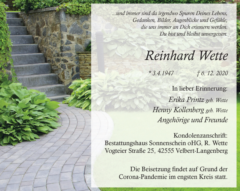  Traueranzeige für Reinhard Wette vom 12.12.2020 aus WVW Anzeigenblätter