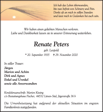 Traueranzeige von Renate Peters von WVW Anzeigenblätter