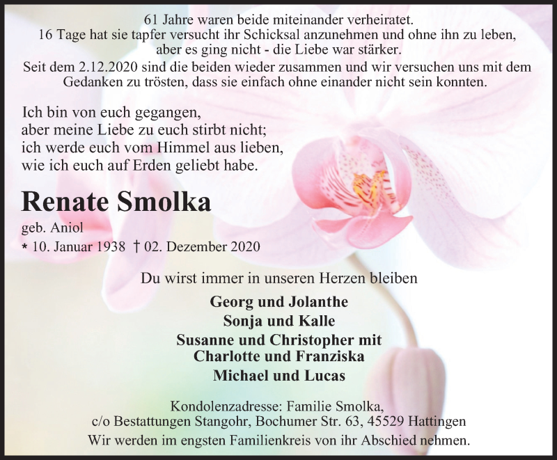  Traueranzeige für Renate Smolka vom 09.12.2020 aus WVW Anzeigenblätter