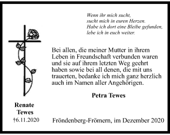 Traueranzeige von Renate Tewes von WVW Anzeigenblätter