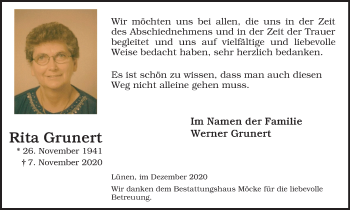 Traueranzeige von Rita Grunert von WVW Anzeigenblätter