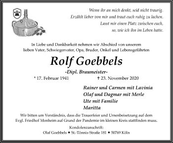 Traueranzeige von Rolf Goebbels von WVW Anzeigenblätter