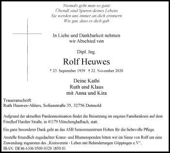 Traueranzeige von Rolf Heuwes von WVW Anzeigenblätter