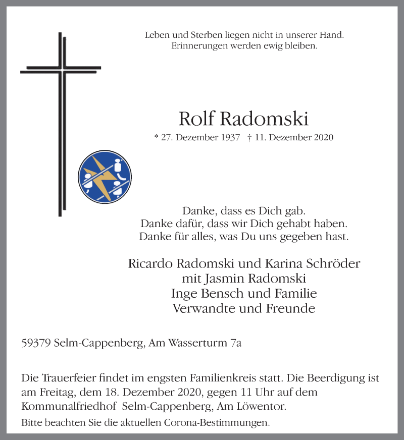  Traueranzeige für Rolf Radomski vom 16.12.2020 aus WVW Anzeigenblätter