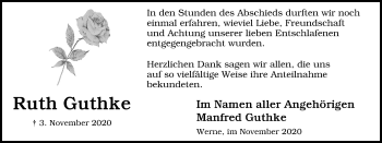 Traueranzeige von Ruth Guthke von WVW Anzeigenblätter