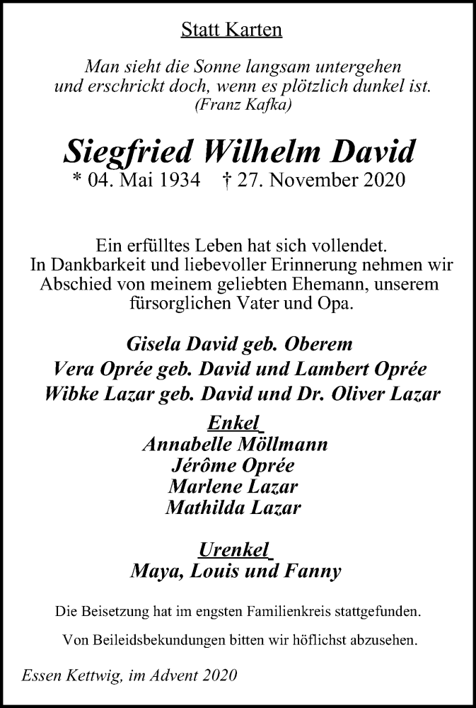  Traueranzeige für Siegfried Wilhelm David vom 05.12.2020 aus WVW Anzeigenblätter