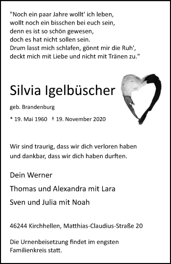 Traueranzeige von Silvia Igelbüscher von WVW Anzeigenblätter