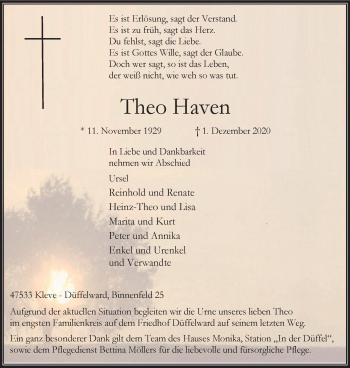 Traueranzeige von Theo Haven von WVW Anzeigenblätter
