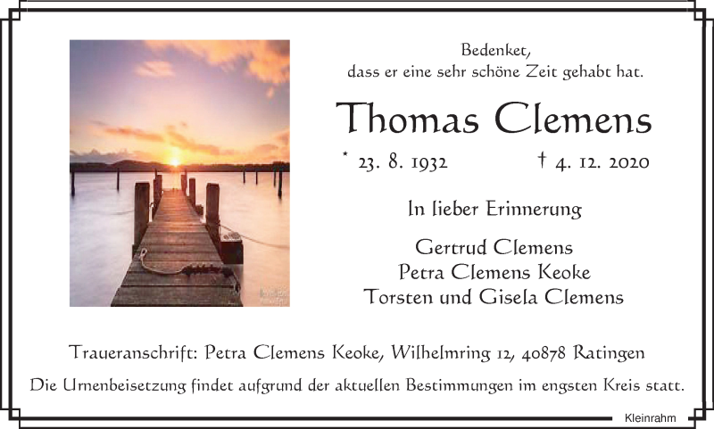 Traueranzeige für Thomas Clemens vom 10.12.2020 aus WVW Anzeigenblätter