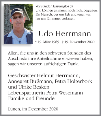 Traueranzeige von Udo Herrmann von WVW Anzeigenblätter
