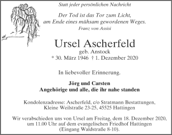 Traueranzeige von Ursel Ascherfeld von WVW Anzeigenblätter