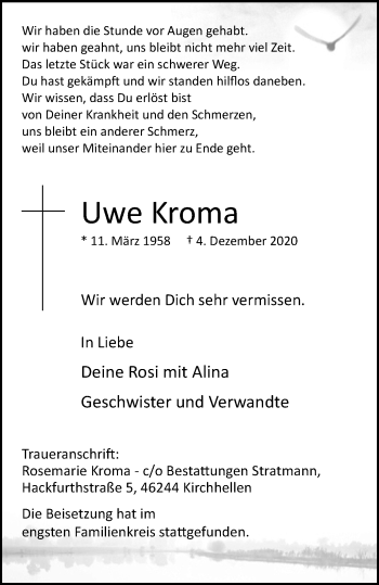 Traueranzeige von Uwe Kroma von WVW Anzeigenblätter
