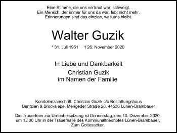 Traueranzeige von Walter Guzik von WVW Anzeigenblätter