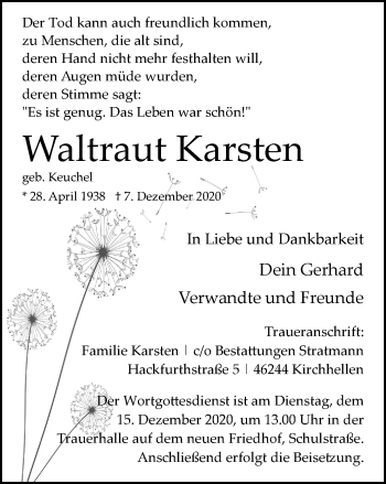 Traueranzeige von Waltraut Karsten von WVW Anzeigenblätter