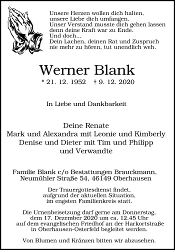 Traueranzeige von Werner Blank von WVW Anzeigenblätter