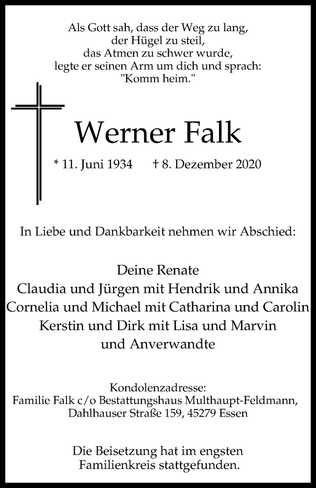  Traueranzeige für Werner Falk vom 19.12.2020 aus WVW Anzeigenblätter