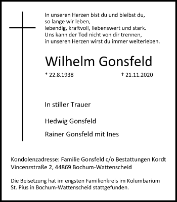 Traueranzeige von Wilhelm Gonsfeld von WVW Anzeigenblätter