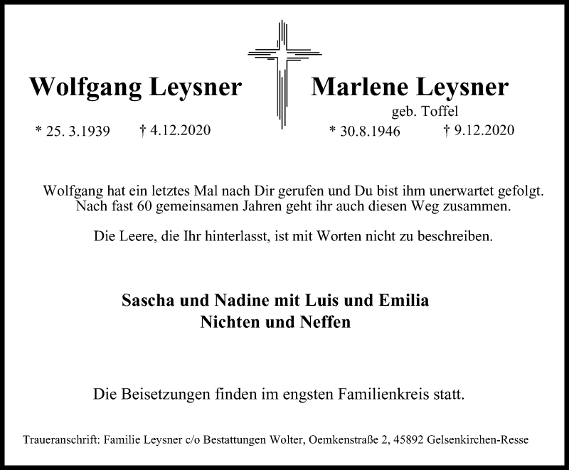  Traueranzeige für Wolfgang und Marlene Leysner vom 19.12.2020 aus WVW Anzeigenblätter