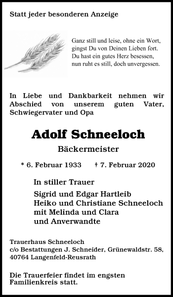 Traueranzeige von Adolf Schneeloch von WVW Anzeigenblätter