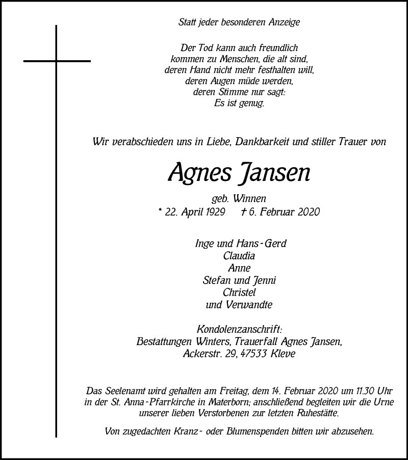  Traueranzeige für Agnes Jansen vom 12.02.2020 aus WVW Anzeigenblätter