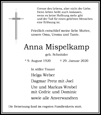 Traueranzeige von Anna Mispelkamp von WVW Anzeigenblätter