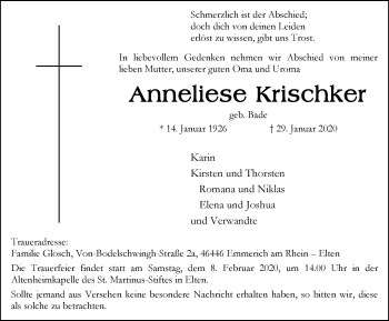 Traueranzeige von Anneliese Krischker von WVW Anzeigenblätter