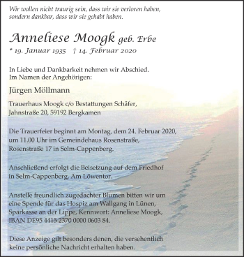 Traueranzeige von Anneliese Moogk von WVW Anzeigenblätter
