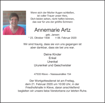 Traueranzeige von Annemarie Artz von WVW Anzeigenblätter