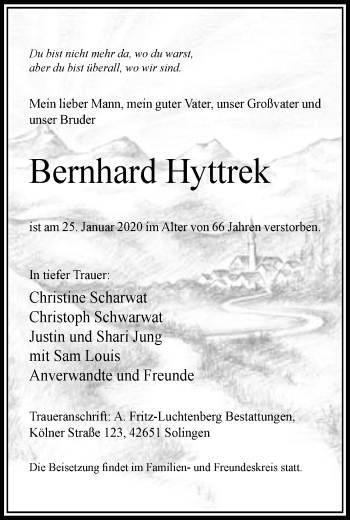 Traueranzeige von Bernhard Hyttrek von WVW Anzeigenblätter