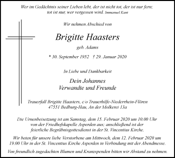 Traueranzeige von Brigitte Haasters von WVW Anzeigenblätter