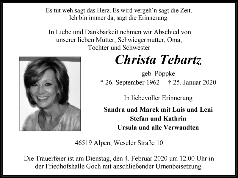  Traueranzeige für Christa Tebartz vom 01.02.2020 aus WVW Anzeigenblätter