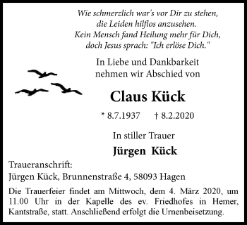 Traueranzeige von Claus Kück von WVW Anzeigenblätter