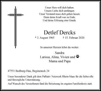 Traueranzeige von Detlef Dercks von WVW Anzeigenblätter