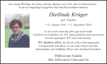 Traueranzeige von Dietlinde Krüger von WVW Anzeigenblätter