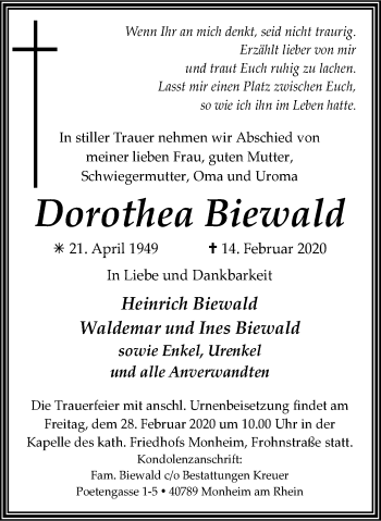 Traueranzeige von Dorothea Biewald von WVW Anzeigenblätter
