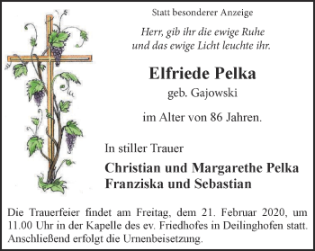 Traueranzeige von Elfriede Pelka von WVW Anzeigenblätter
