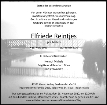 Traueranzeige von Elfriede Reintjes von WVW Anzeigenblätter
