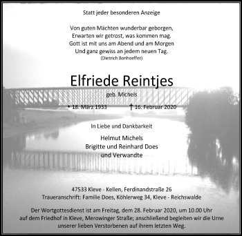 Traueranzeige von Elfriede Reintjes von WVW Anzeigenblätter