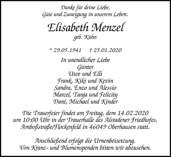 Traueranzeige von Elisabeth Menzel von WVW Anzeigenblätter