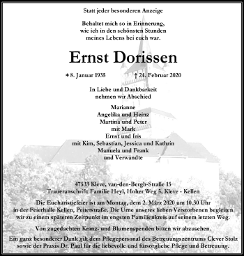 Traueranzeige von Ernst Dorissen von WVW Anzeigenblätter