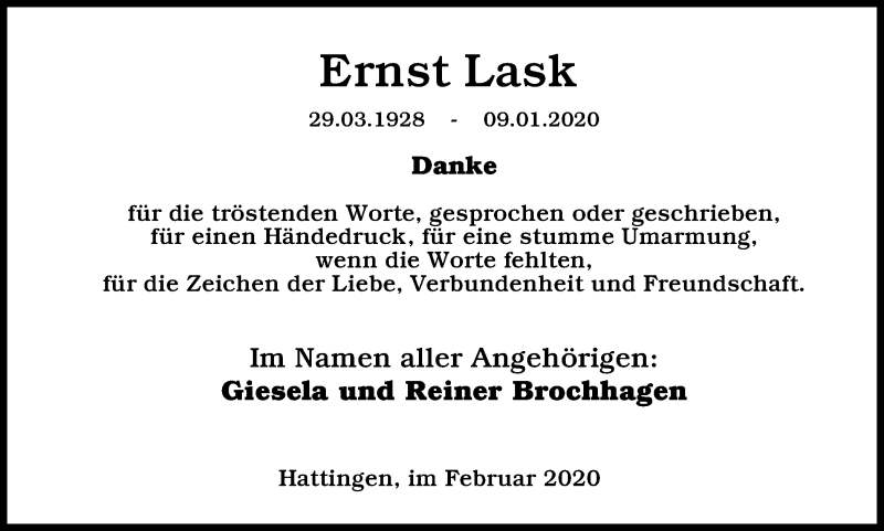  Traueranzeige für Ernst Lask vom 08.02.2020 aus WVW Anzeigenblätter