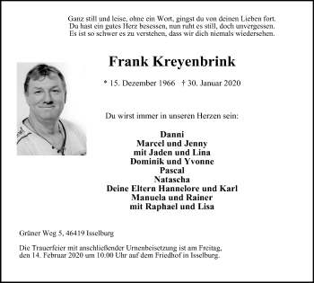 Traueranzeige von Frank Kreyenbrink von WVW Anzeigenblätter
